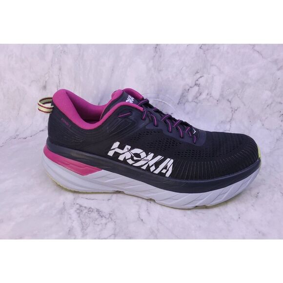 Hoka One One Women Bondi 7 Running Shoes 12 Black Pink Comfort Walking Cushion